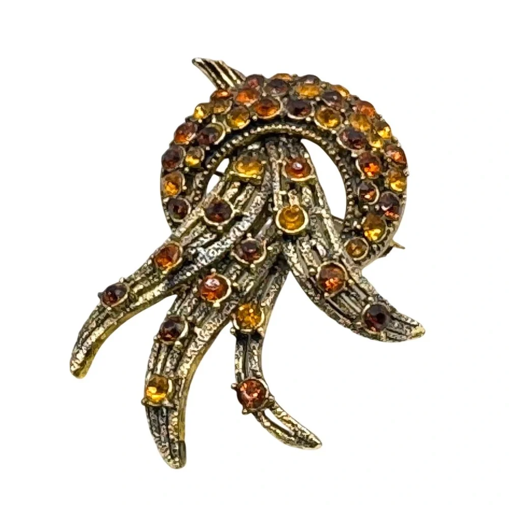 Vintage Gold Tone Amber Citrine Rhinestone Spray Brooch Pin Mid-Century‎ Style